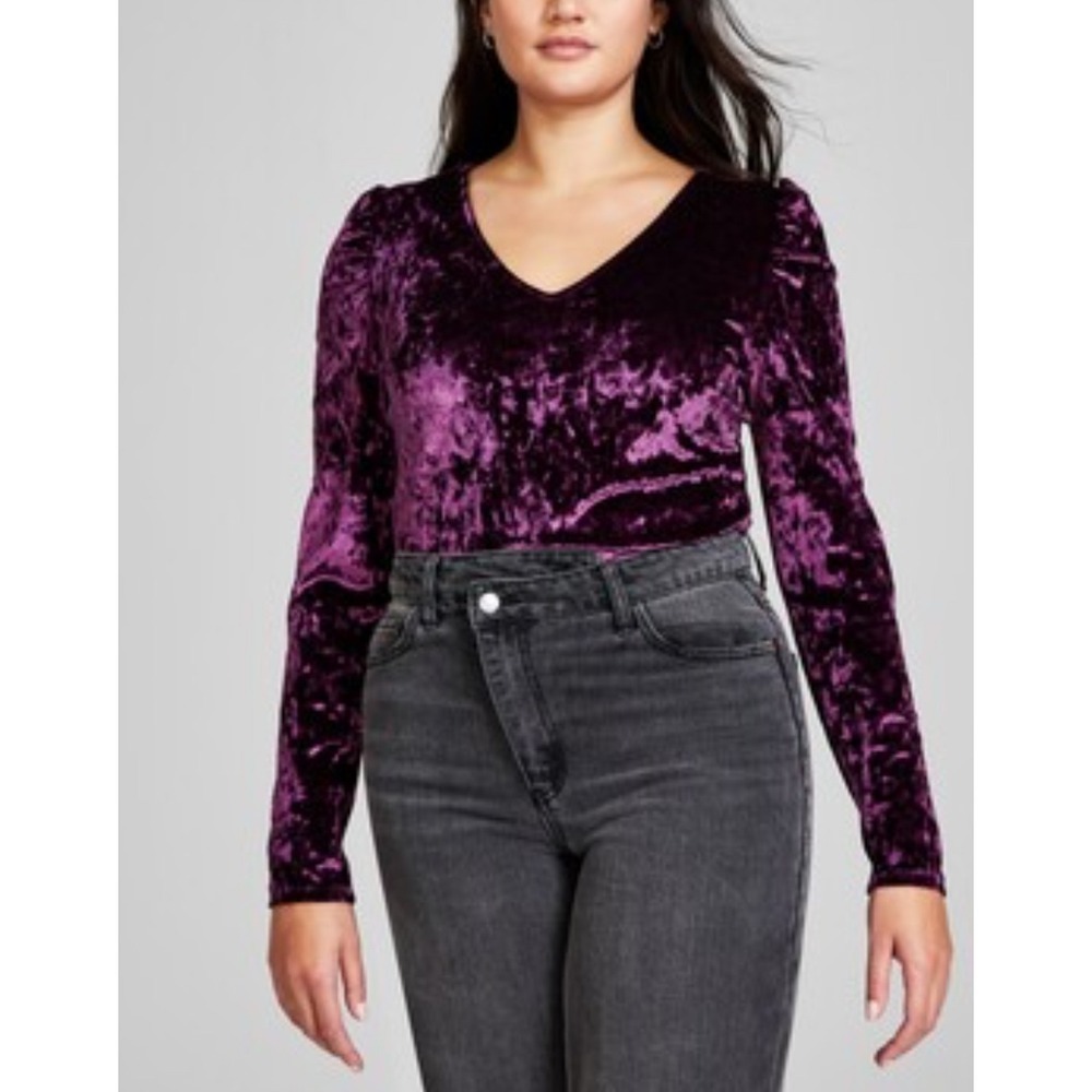 And Now This Velvet Bodysuit Blackberry Purple Tart Long Sleeve Top Size XS NWT - Picture 1 of 6